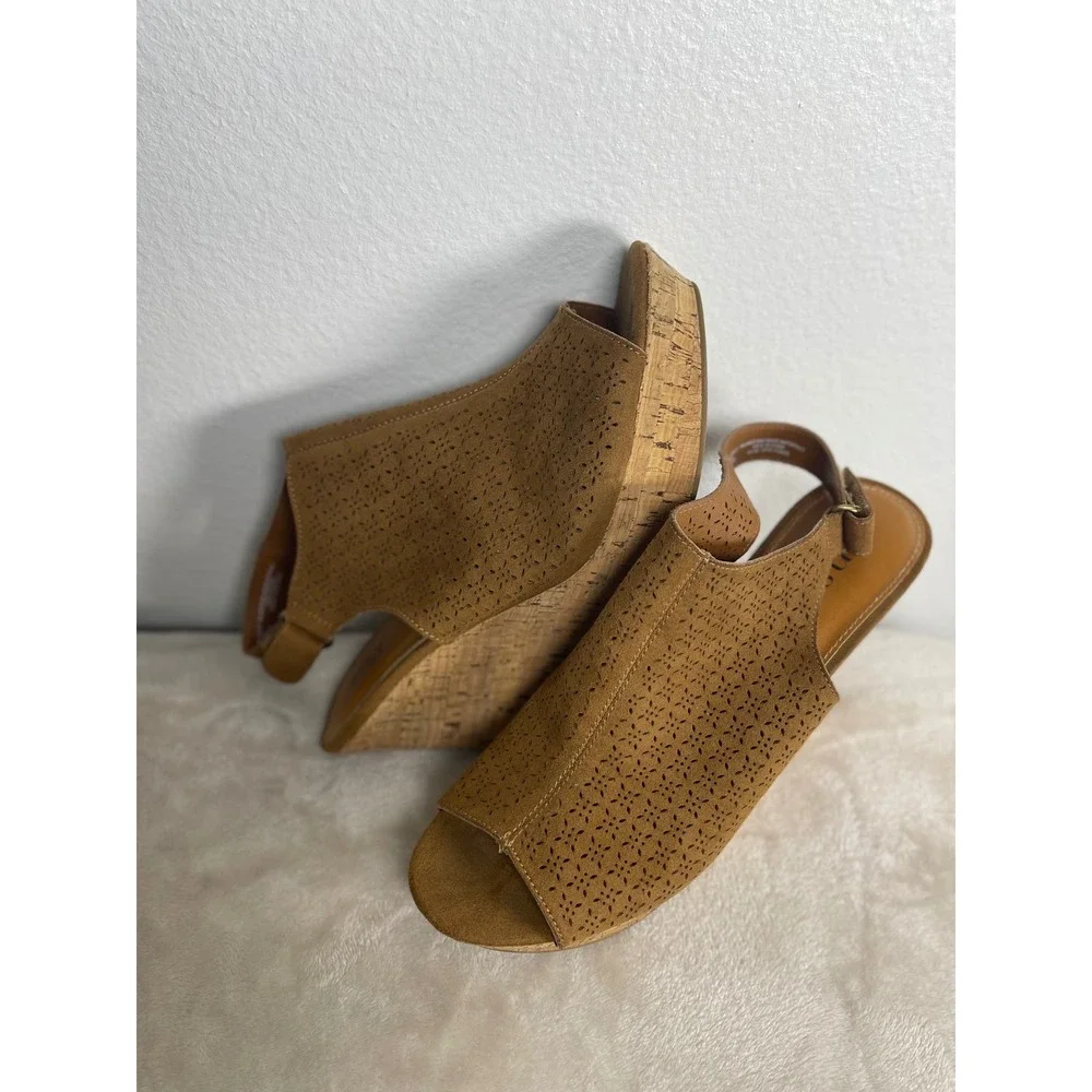 A.N.A. Malik Women Brown Laser Cut Wedge Sandals Cork Heel Slingback Size 10M
